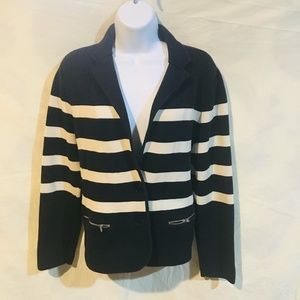 Talbots Sz L Navy White Striped Knit Blazer❤️